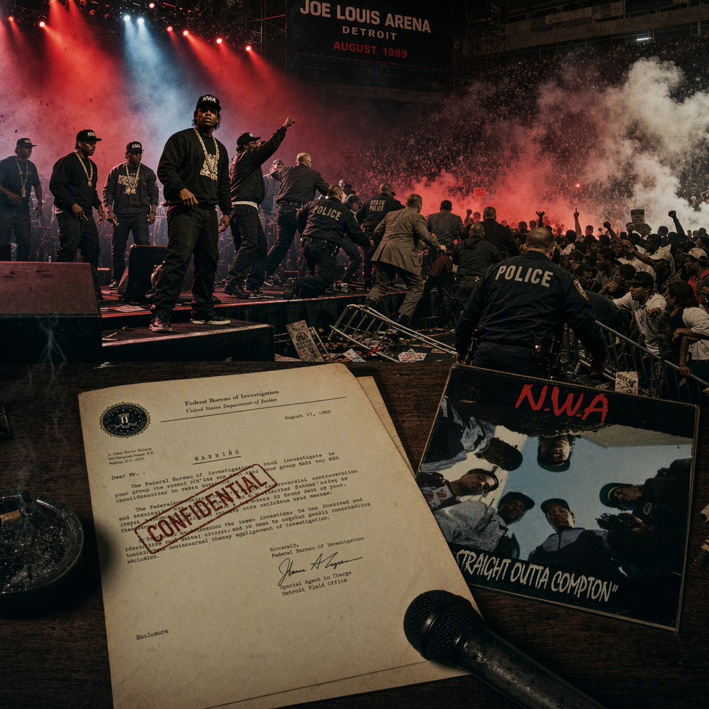 AI concept art inspired by N.W.A, the FBI Threat Warning Letter, and the 1989 Detroit Concert Riot